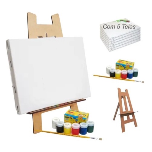 Kit 5 Telas Para Pintura 30x40 + 1 Cavalete de mesa + 1 Caixa c/ 6 Tintas + 1 Pincel