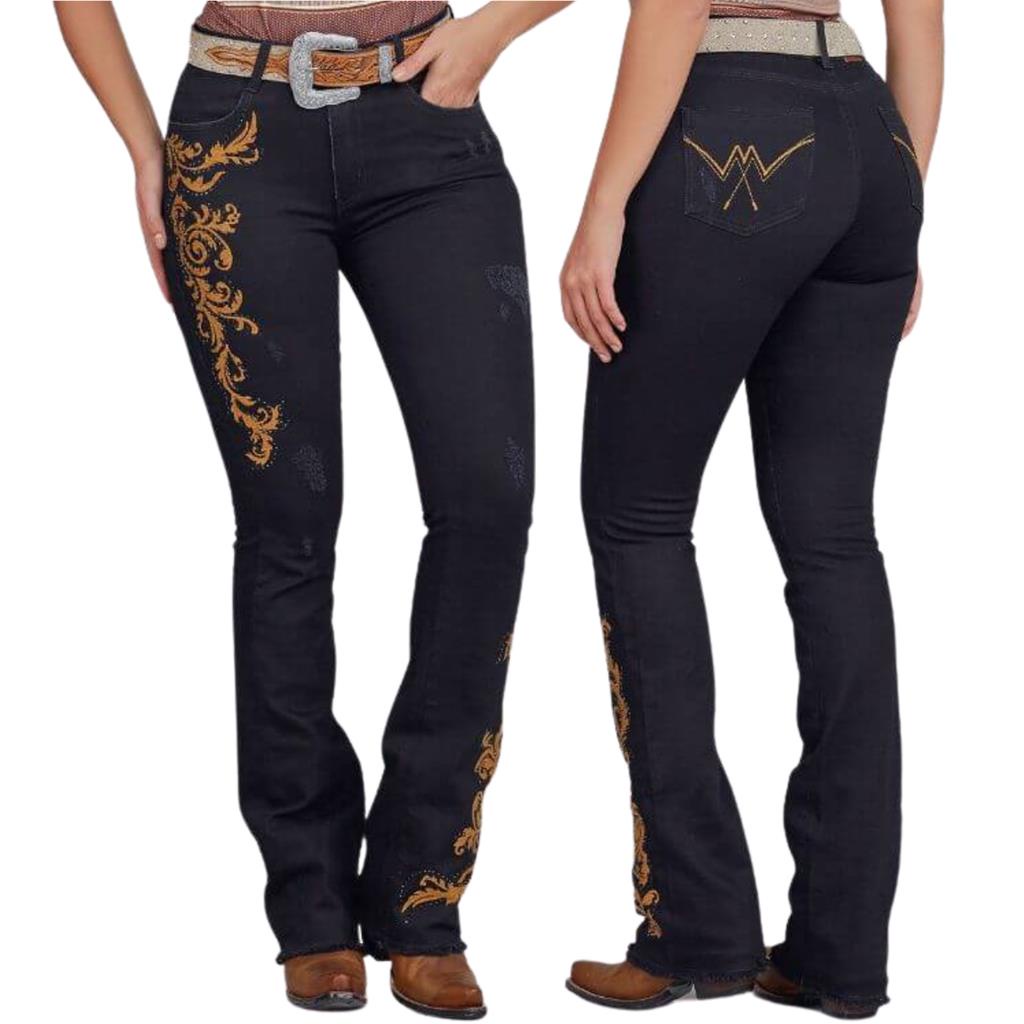 Calça country feminina minuty bordada na barra store cós alto top