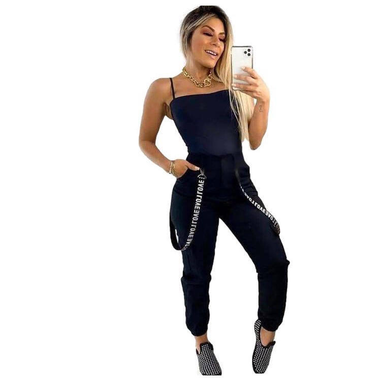 Calça Jogger Feminina Bengaline Com Suspensório Moda Gringa Blogueira