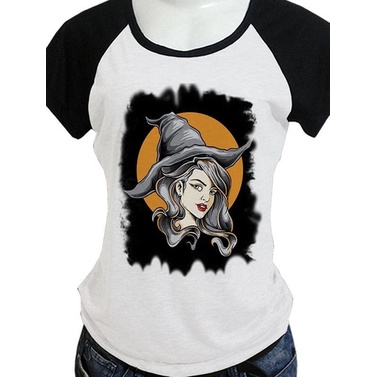 Camiseta Feminina TShirt Bruxa Gotica Estampa Halloween L1646