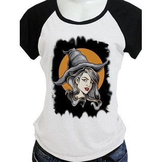 Camiseta Feminina TShirt Bruxa Gotica Estampa Halloween L1646