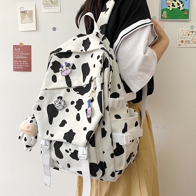 Mochila Escolar Com Padrão De Vaca Fofa Bolsa De Lona Estilo Coreano