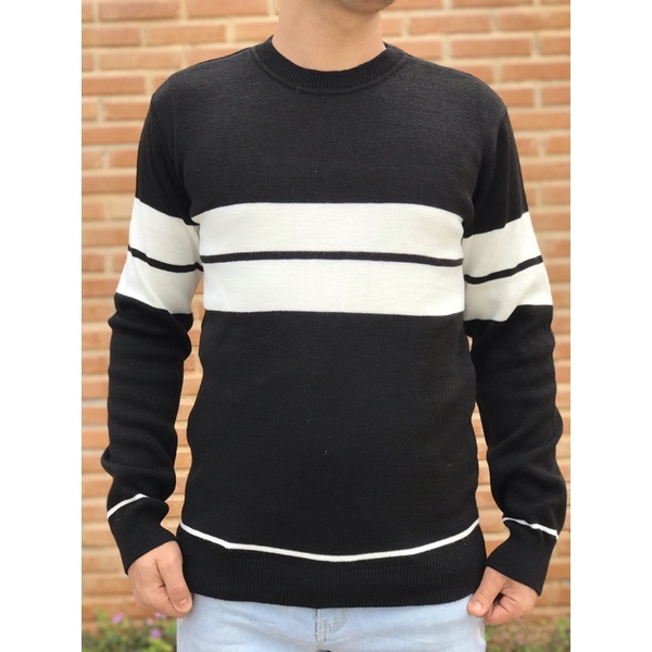 Suéter Listrado Preto e Branco Masculino Blusa de Lã Tricô - Faz a Boa!