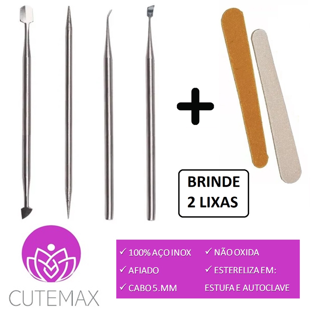 Kit Espátula + Palito + Desencravador + Raspador Unhas Inox Cutemax ...
