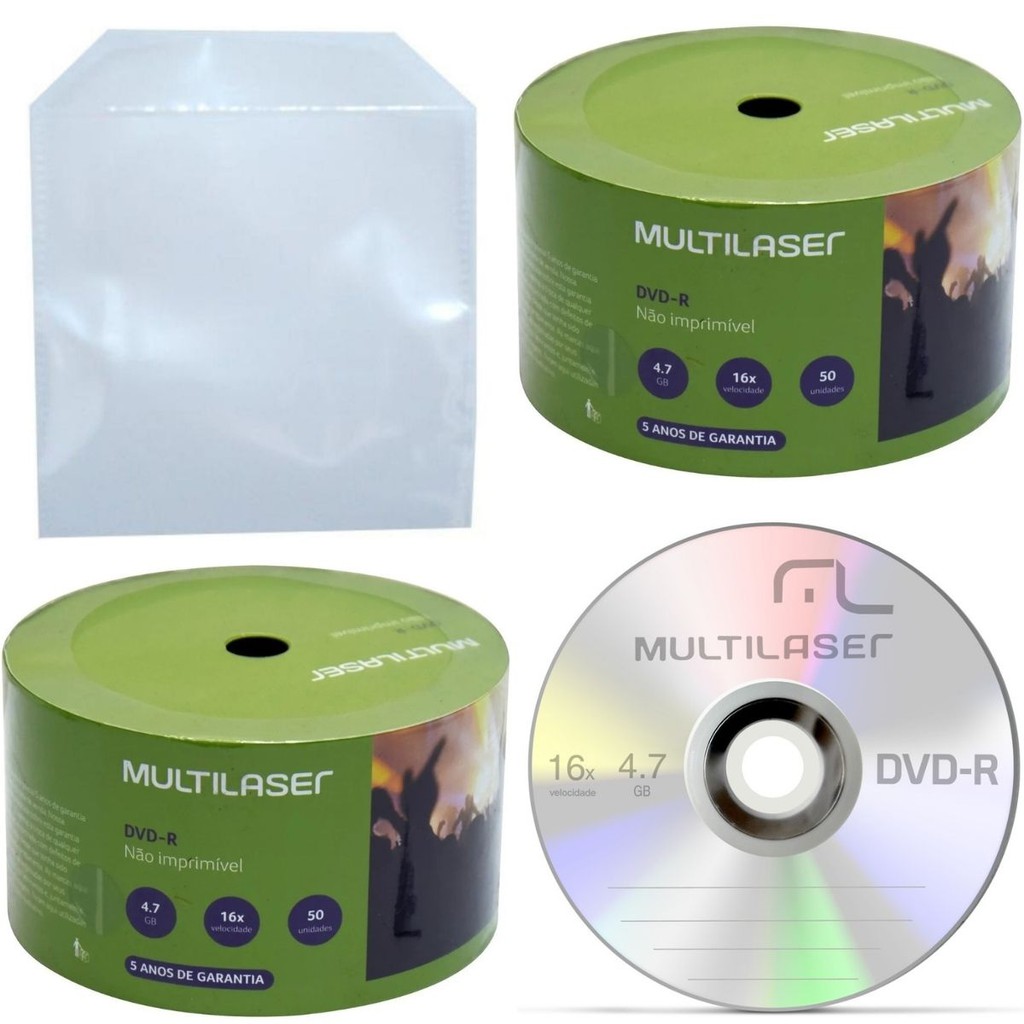 50 Midia Dvd-r Virgem Multilaser 4,7gb C/Logo+50 Envelopes De Plástico ...