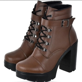 Coturno Feminino Bota Plataforma Detalhe Em Fivela Marrom