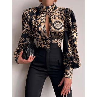 Mulheres Sexy Backless Oco Imprimir Shirts Tops 2022 Outono Estande Ocasional De Manga Comprida Senhora Do Escritório Blusas Moda Festa Topo Colheita