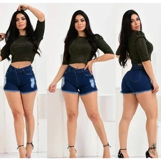 Kit 2 Shorts Jeans Luxo Feminino Cintura Alta Detonado Destroyed Rasgado Cós Alto Desfiado Hot Pants Estillo Blogueira Tendência Tik Tok