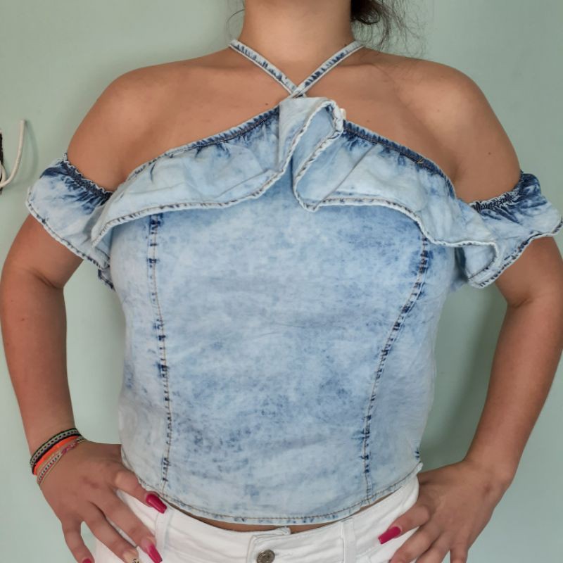 Blusinha de best sale alcinha jeans