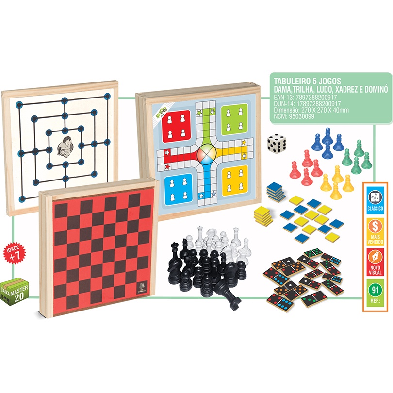 Kit 5 Jogos ( Dama E Trilha + Xadrez + Ludo + Cubo + Domino)