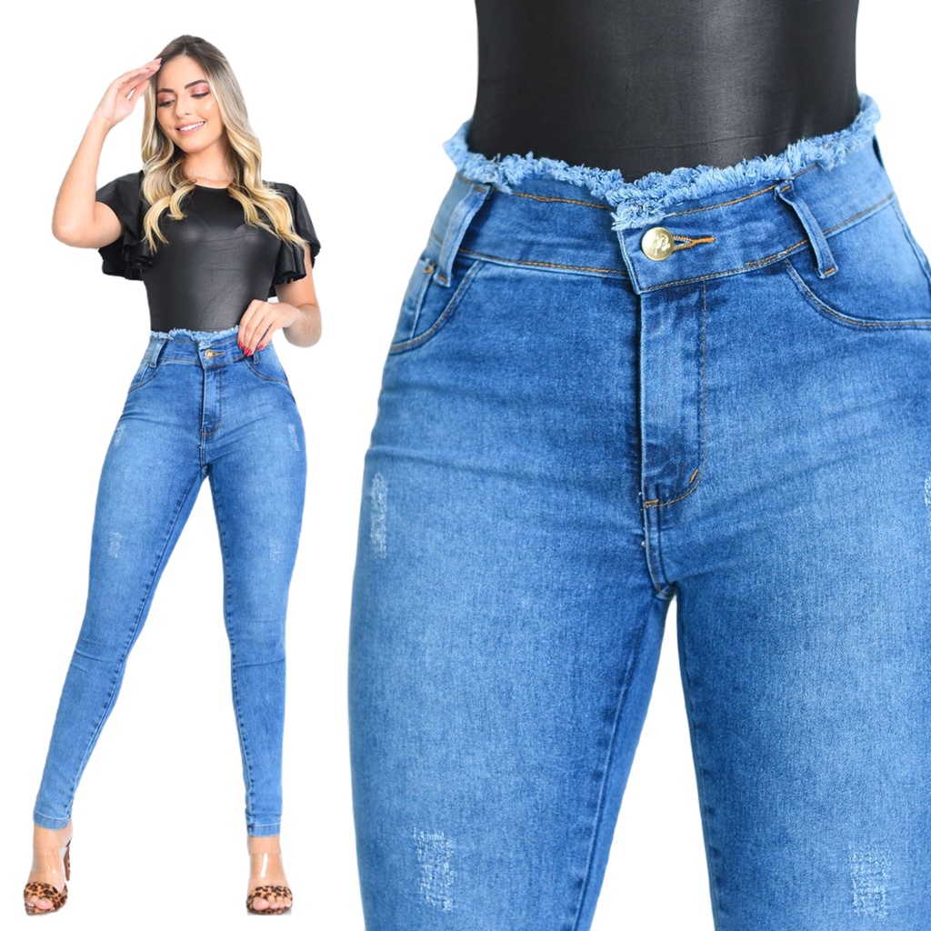 Calça Jeans Feminina Clara Cós Desfiado Skinny Hot Pants Cintura Alta  Levanta Bum Bum - Corre Que Ta Baratinho