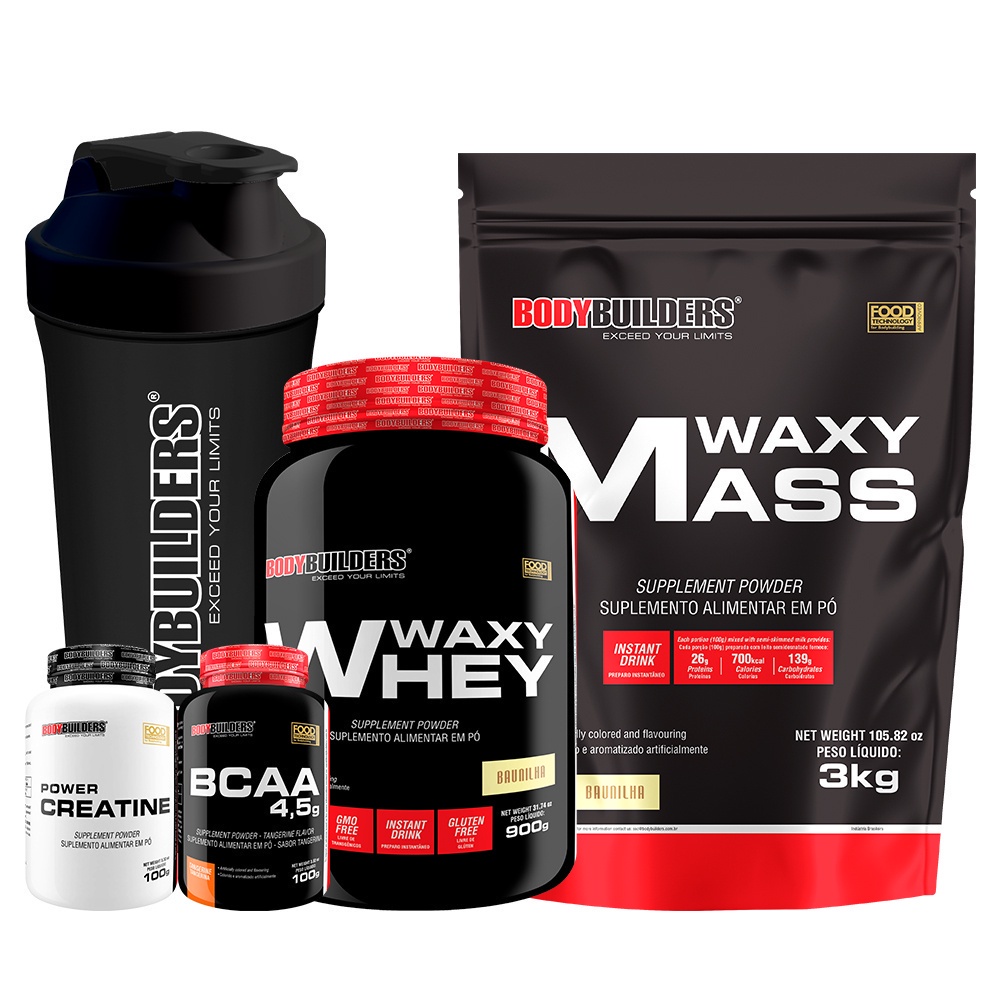 Kit Hipercalórico Waxy Mass 3kg, Waxy Whey 900g, Power Creatina 100g, BCAA 100g, Coqueteleira – Bodybuilders