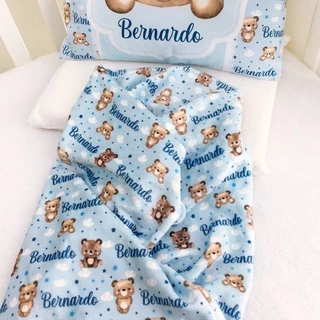 Manta Bebê Ursinho Azul com Nome Personalizado Mantinha Cueiro Fleece 100x75cm Antialérgico
