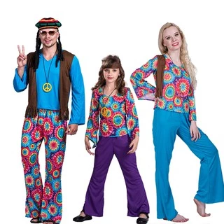 Mulher & Homem Discoteca Fantasia Hippie Para Purim Party Game Adulto 70s Retro Role Play Flower Cosplay Halloween Carnaval Xmas Family Group Fantasias De Casais De