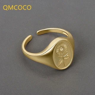 QMCOCO Prata Ouro Cor Anéis Para Mulheres Menina Padrão Flor Vintage Jóias Da Moda Abertas Anel Feminino Simples Ajustável