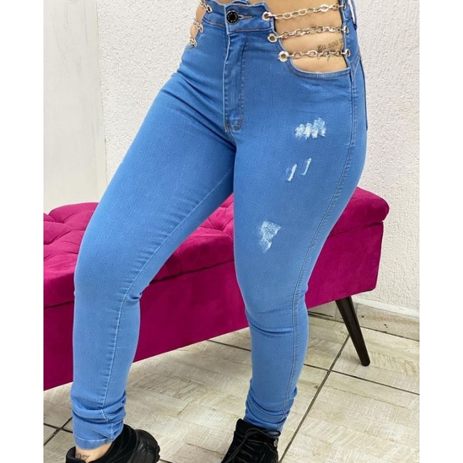 Calça Jeans Cintura Alta, Corrente na Lateral