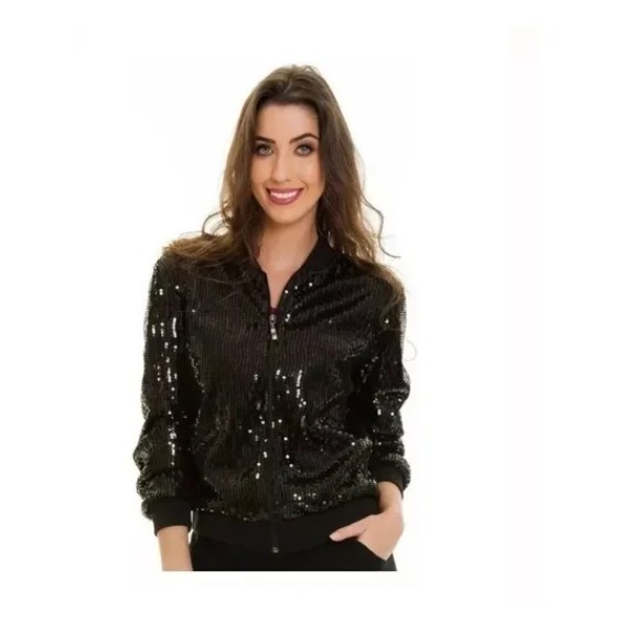 Jaqueta Casaco Bomber Feminina Paetê Lantejoula Brilho Blogueiras