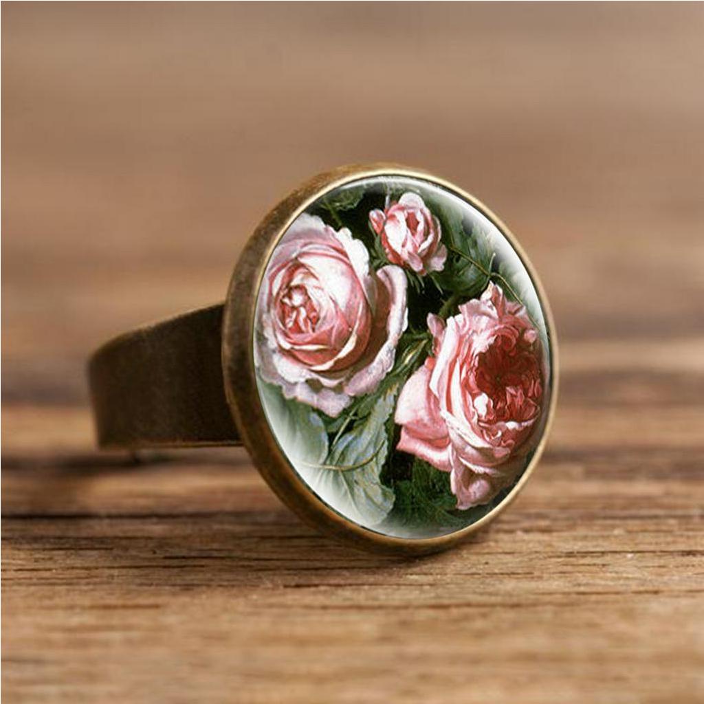 Moda Beleza Flores Coloridas Narcissus Tulipa De Vidro Cabochon Anéis De Jóias Redimensionáveis Redondos Artesanais Acessórios
