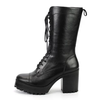 Bota Coturno Feminino Couro Legítimo Tratorada Cano Alto Salto Preto Branco - SB Shoes R.1800