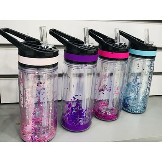 Garrafa / Squeeze De Plastico Aerobic Com Glitter E Tampa Flip Top + Alca 350ml