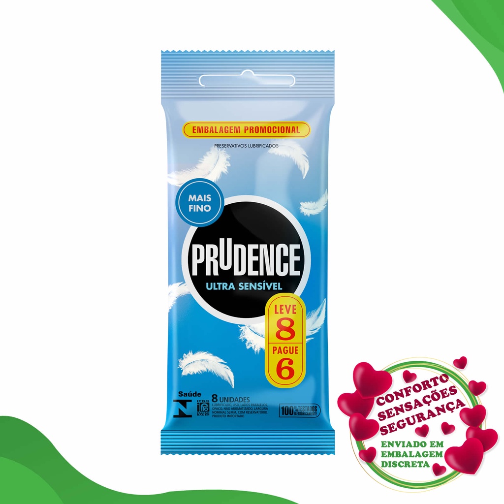 Camisinha Preservativo Fino Lubrificado Ultra Sensível Prudence Pacote com 8 Unidades