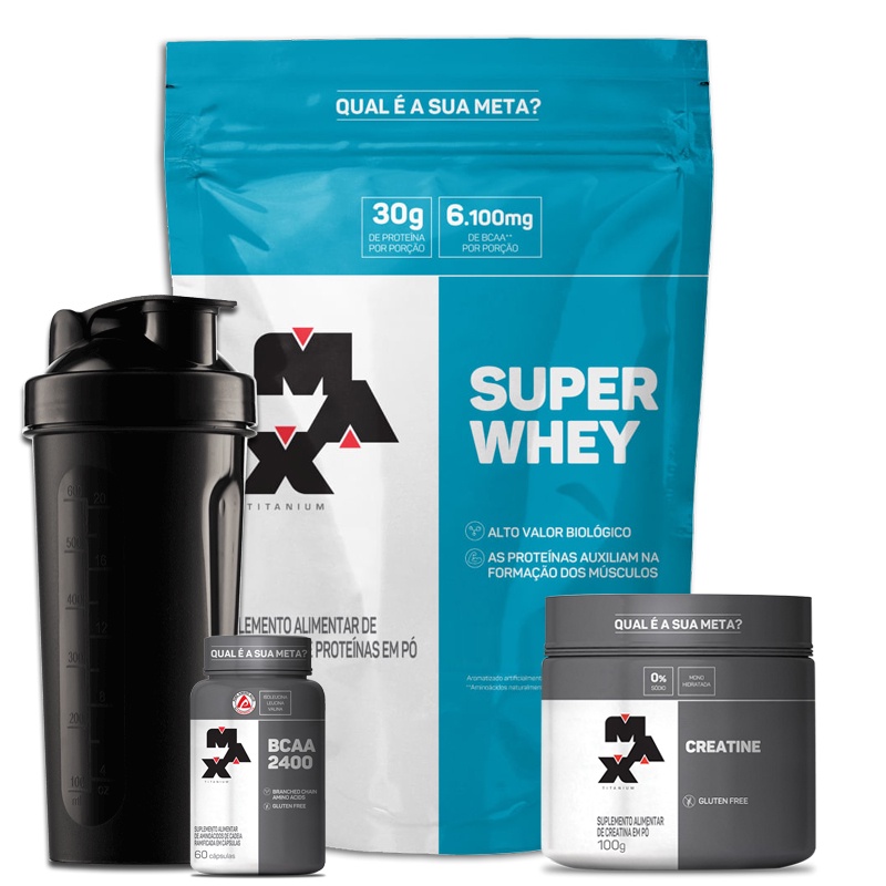 COMBO 1x – Super Whey Protein 900g + 1x Creatina 100g + 1x BCAA 60 Caps + 1x Coquetelira – Max Titanium KIT