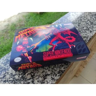 caixa com berço repro + label frente e verso do jogo de super nintendo snes super metroid