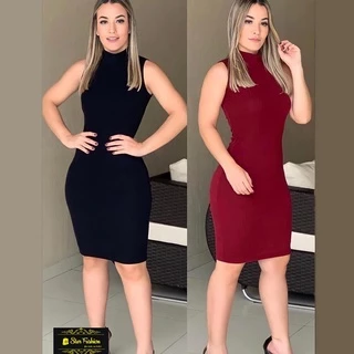Vestido feminino midi canelado gola alta blogueirinha/Insta