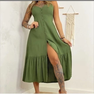 Vestido longo Viscolinho e Crepe Luxo Com Bojo e Botões