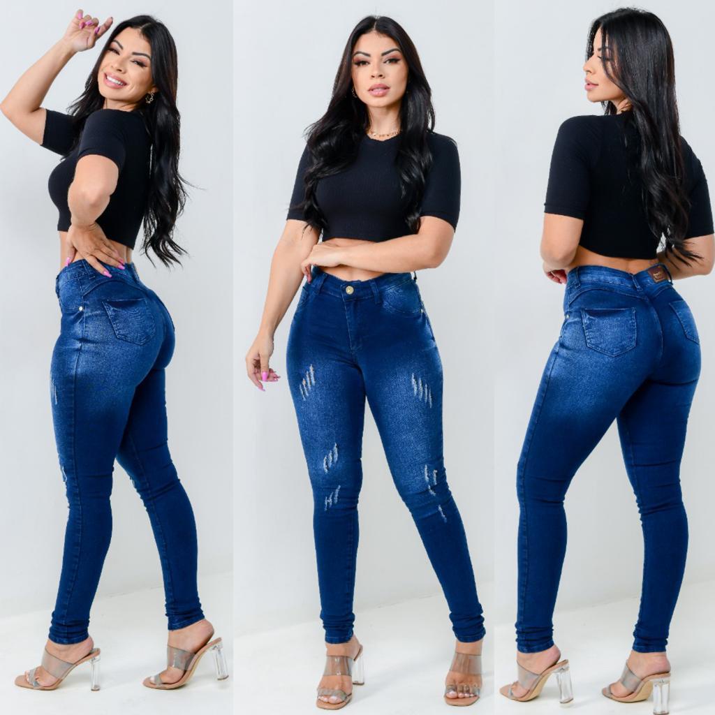 CALCA JEANS SKINNY MODELADORA LEVANTA BUMBUM CINTURA ALTA - AZUL, Atacado  Tshirt