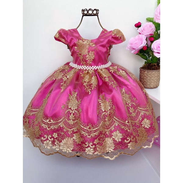 Vestido Infantil Rosa Dourado Realeza Princesa