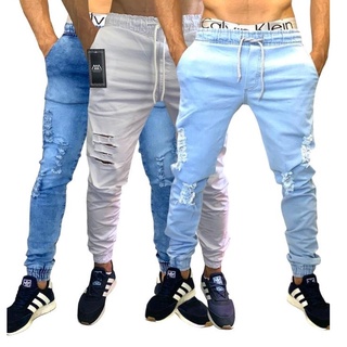 Calças Jeans Sarja Masculina Jogger C/ Punho com Lycra kit com 3 peças monte seu kit