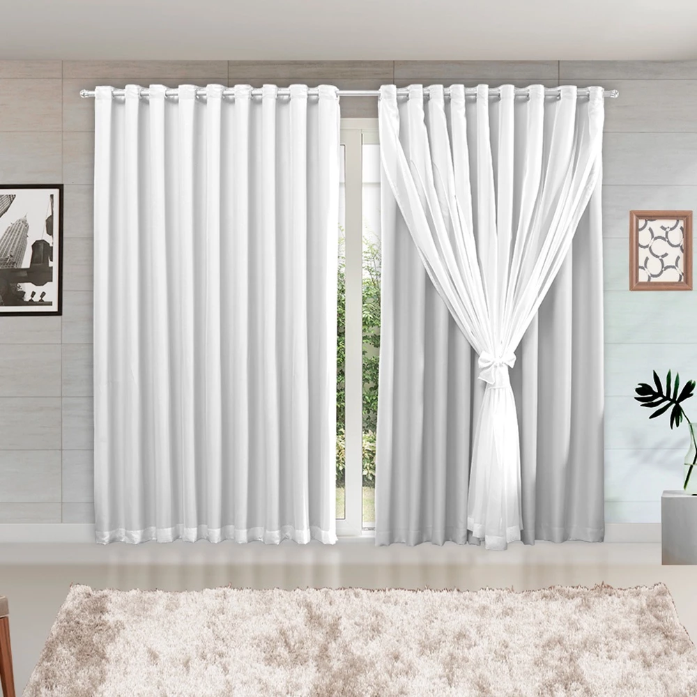 Cortina Branca Blackout com Voil para Sala - Tecido de 2,80mx2,30alt. com Forro Corta Luz