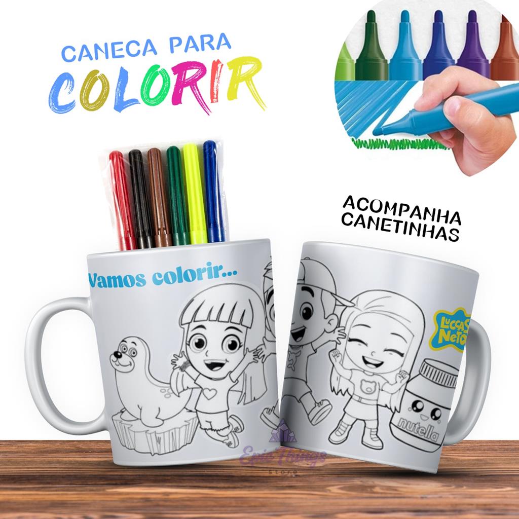 Caneca infantil Luccas Neto e Giovanna para colorir