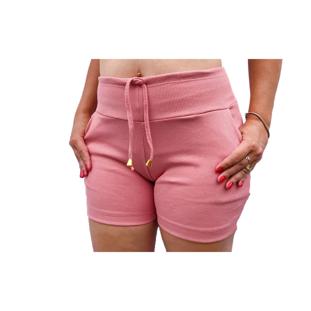 Kit 5 Short Feminino Malha Canelada Tipo Moletom Bolso