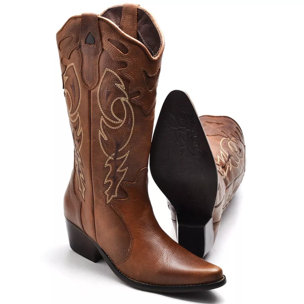 Bota Country Texana Feminina Montaria Couro Bico Fino