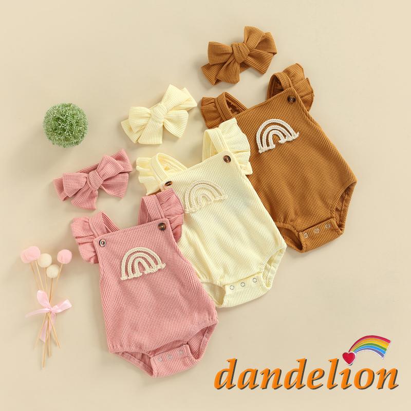 Dandelion-0-18 Meses Macacão Casual Para Bebês Meninas , Estampa Arco-Íris Com Babados Triângulo Sem Mangas Faixa De Cabeça