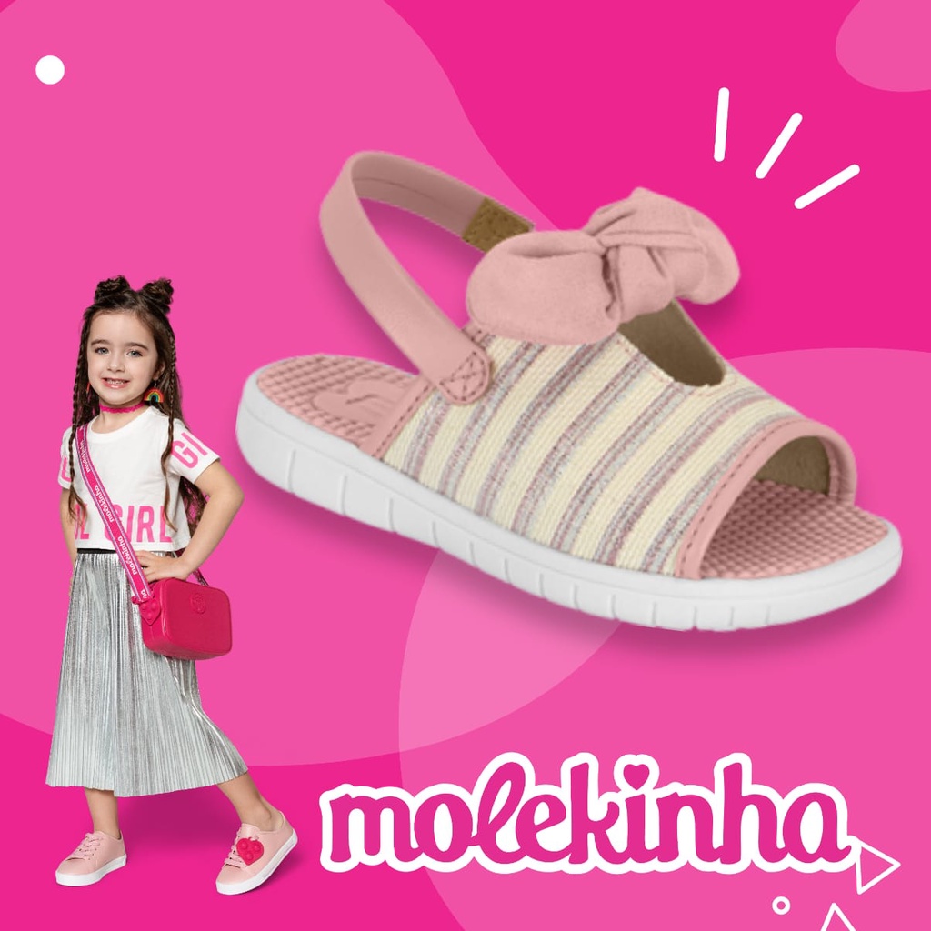 Sandália Molekinha Original Rosa com Laço Listrada e Elástico - 2717102