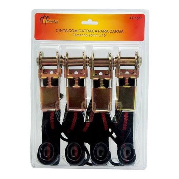 Jogo 4 Fitas Cinta Carga Com Catraca 25mm X 4,5m