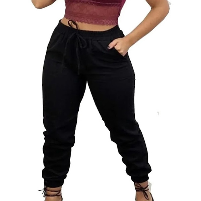 Calça Jogger Feminina Bomber Bengaline Cintura Alta Laço Amarrar Na Cintura  Elástico