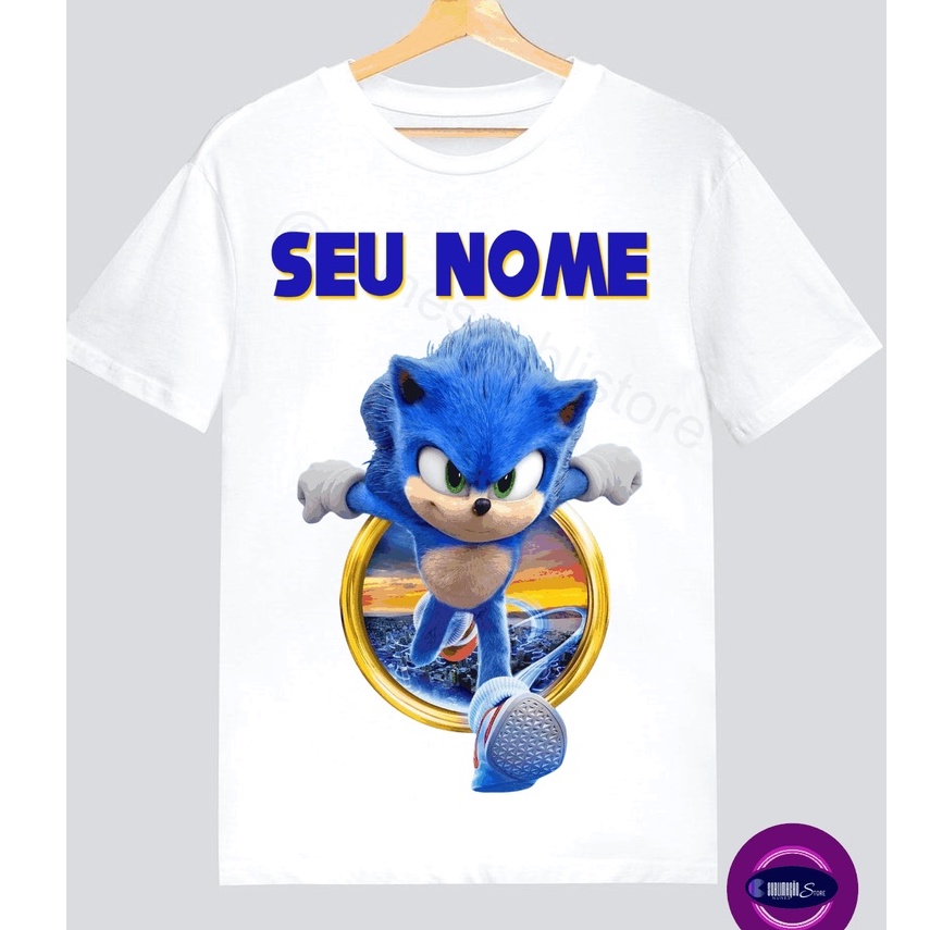 Camisa Camiseta Infantil Sonic Filme The Hedgehog Personalizada Com Nome aniversario