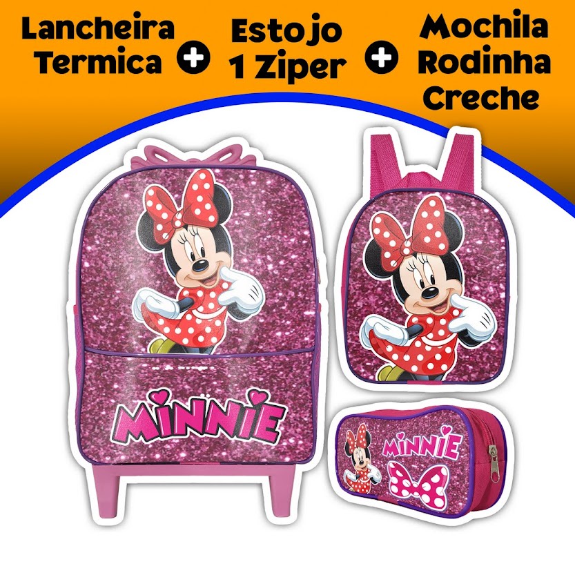 Kit mochila escolar de rodinhas infantil menina pequena Lancheira Termica Estojo simples Minnie Glitter Pink 1zp