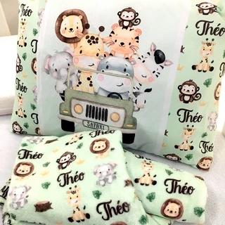 Kit Manta Personalizada + Travesseiro Bebê Safari Verde com Nome da sua escolha Mantinha Cueiro Fleece