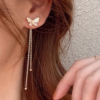 1Pair Rhinestone Pinos De Orelha De Borboleta Para Mulher Super Fada Linha Longa Tassel Brinco Fashion Gold Niche Design Jóias