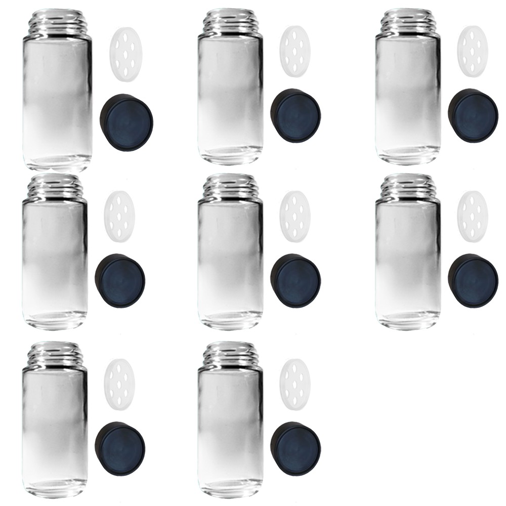 Frasco Pote Tempero - Kit com 8 vidros 100ml + 8 tampas plásticas com batoque dosador