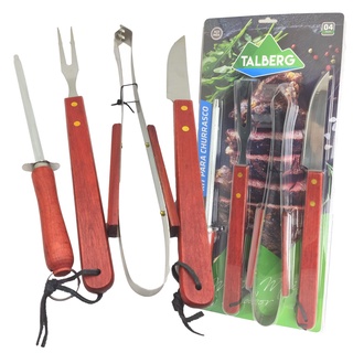 Kit Churrasco Faca Chaira Afiador Pegador Faca Garfo Aço Inox Cabo Madeira Grande 4 Peças Churrasqueiro