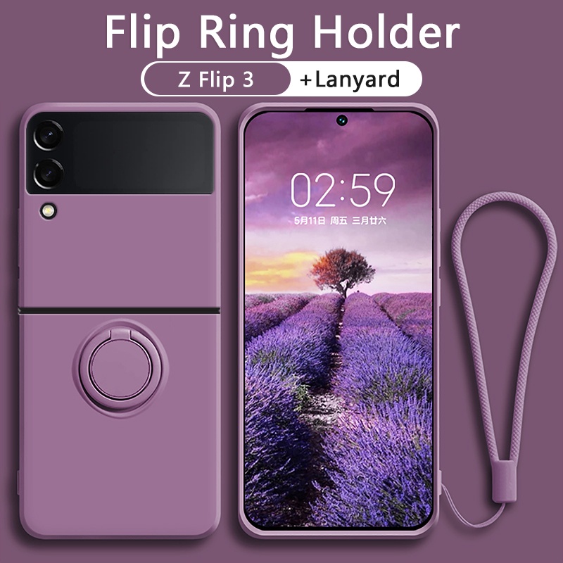 Luxo Samsung Z Flip 3 4 5 Capa Capinha De Silicone Líquido Com Suporte Para Anéis Mesma Cor Lanyard À Prova De Choque