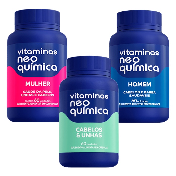 Kit Vitamina Neo Química Homem + Mulher + Cabelos e Unhas 60 Cápsulas ...