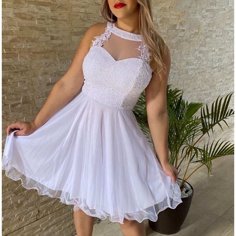 Vestido para casamento no civil noiva pré wedding noivado curto branco de  alcinha rodado