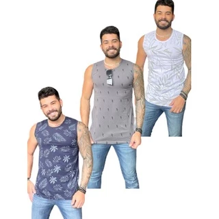 kit 3 camisetas regata estampadas P ao GG cores variadas algodão premium.